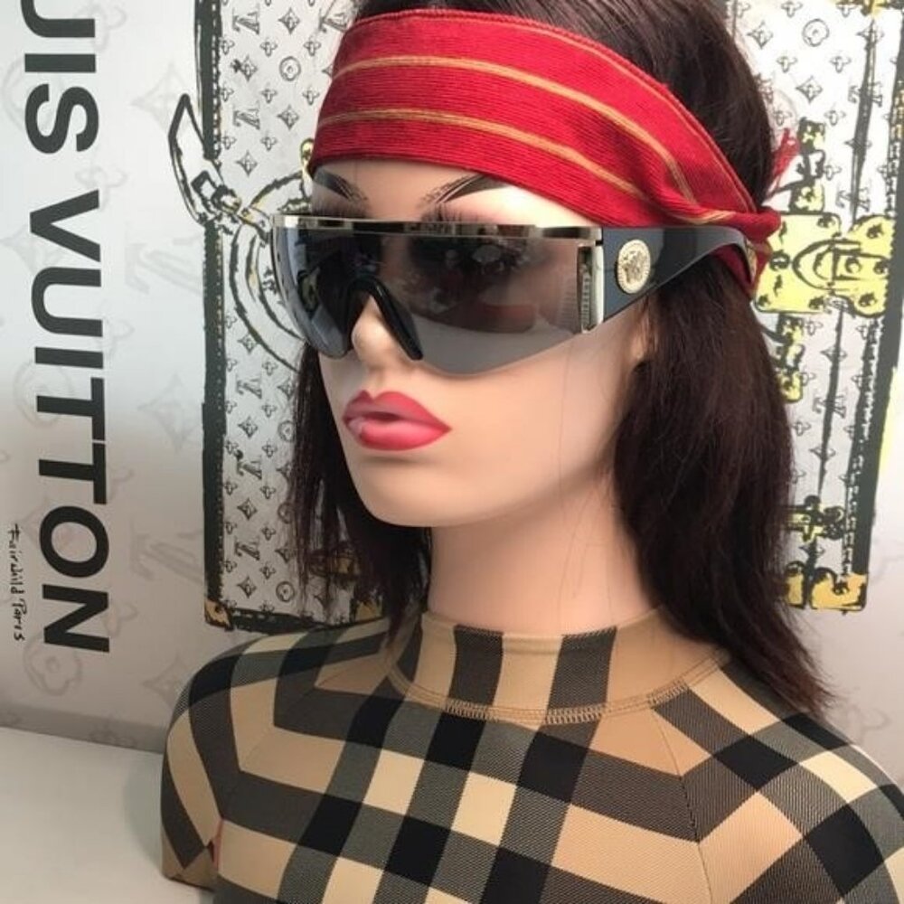 New Versace™ VE2197 Shield Sunglasses – Gold Frame / Grey Mirror Lenses